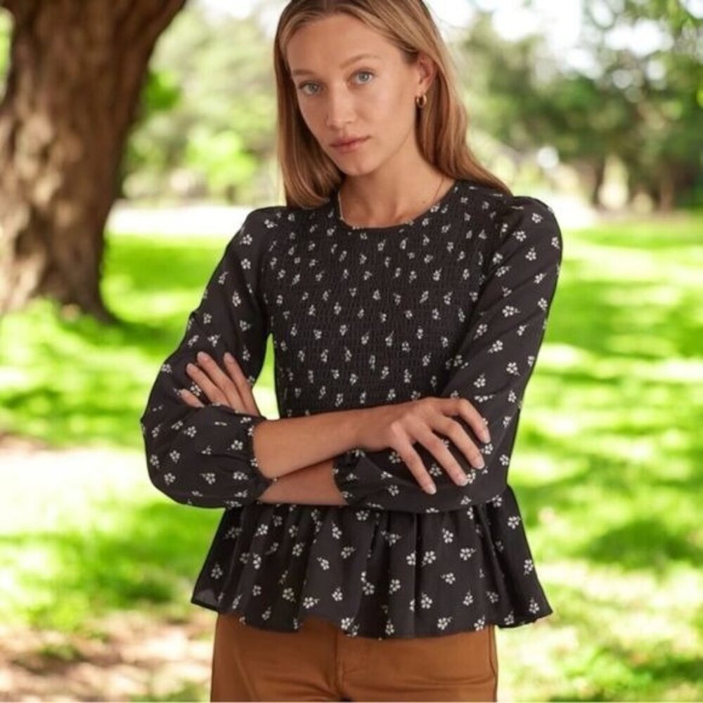 Marine Layer Gabrielle Smock‎ Top in Black Modern Ditsy Bohemian Babydoll L